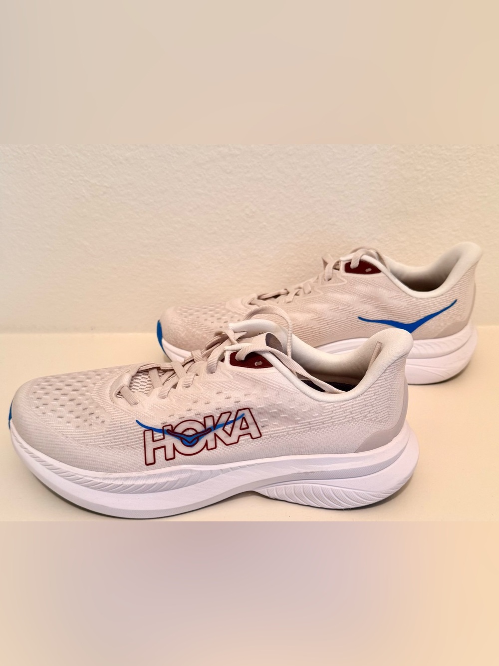Hoka Men's Athletic Running Shoes - Light Beige with Blue and Maroon Accents